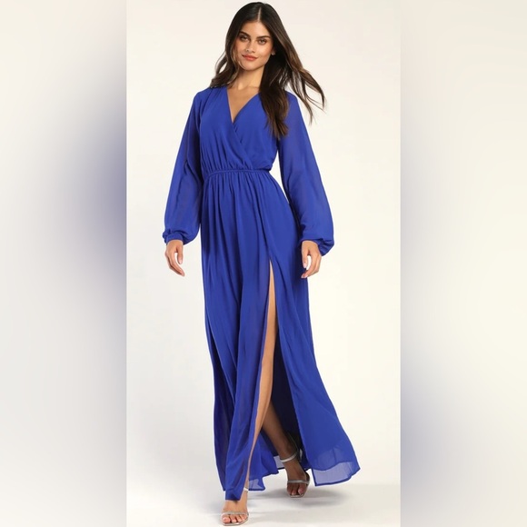 Lulus Cobalt Blue Long Sleeve Maxi Dress Front Slit Size S NWT - Picture 1 of 12